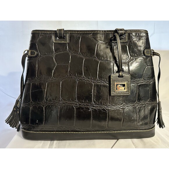 Dooney & Bourke Vintage Croco Embossed Black Leather Satchel Purse Tassels Large - Picture 1 of 16